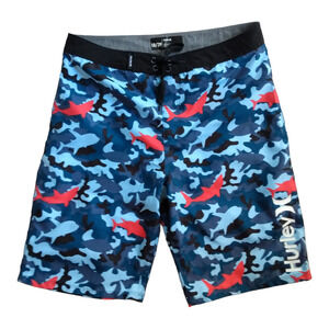 Hurley Shark Camo Board Shorts Blue Youth 18 29 Waist Swim Surf Beach